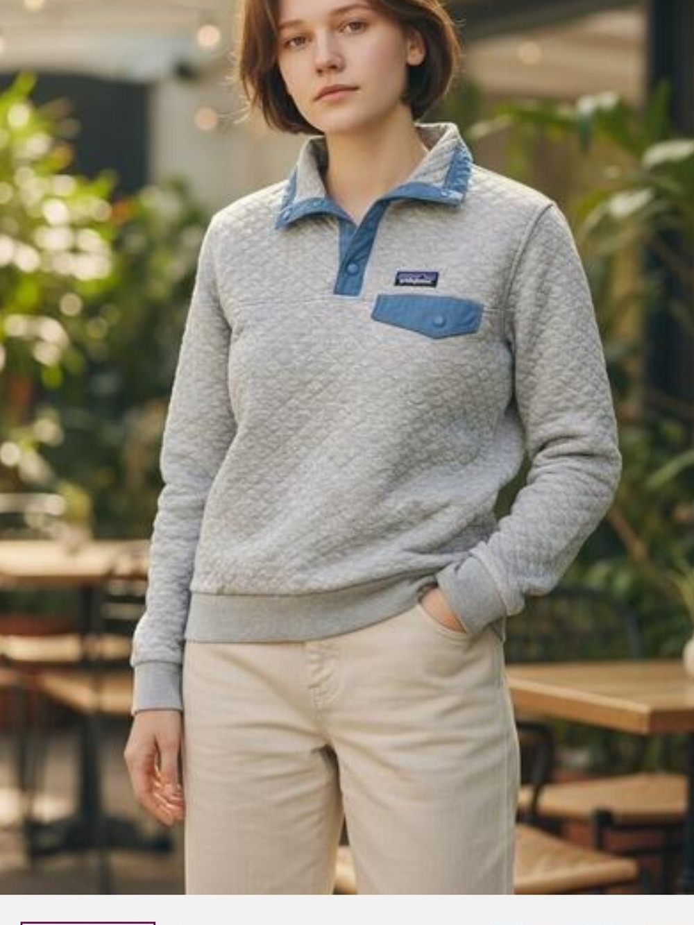 Patagonia Women's Quilted Snap-Front Pullover in Light Gray with Blue Trim